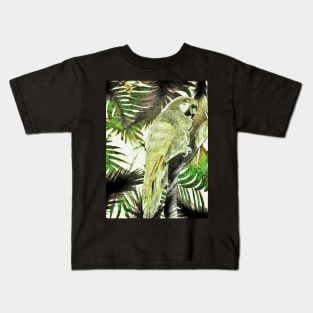 TROPICAL PARROT VINTAGE STYLE POSTER,DECO MACAW KHAKI GREEN ART PRINT Kids T-Shirt